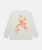 Back view of a Gramicci white Sticky Hands L/S Tee with orange frog graphic against a light tone background.