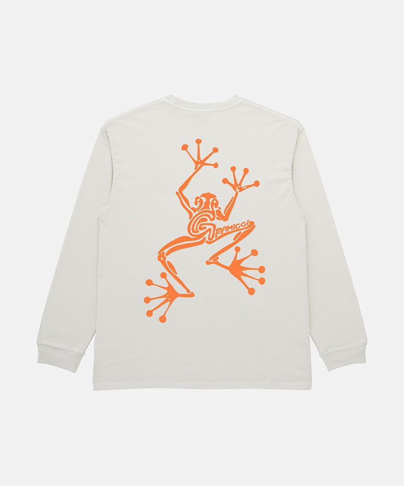 Back view of a Gramicci white Sticky Hands L/S Tee with orange frog graphic against a light tone background.