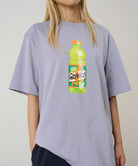 Model wearing a Gramicci lavender Quencher Tee with hydration drink graphic against a light tone background.