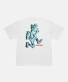 Back view of a Gramicci white Ice Sculpture Tee with a running man graphic against a light tone background.