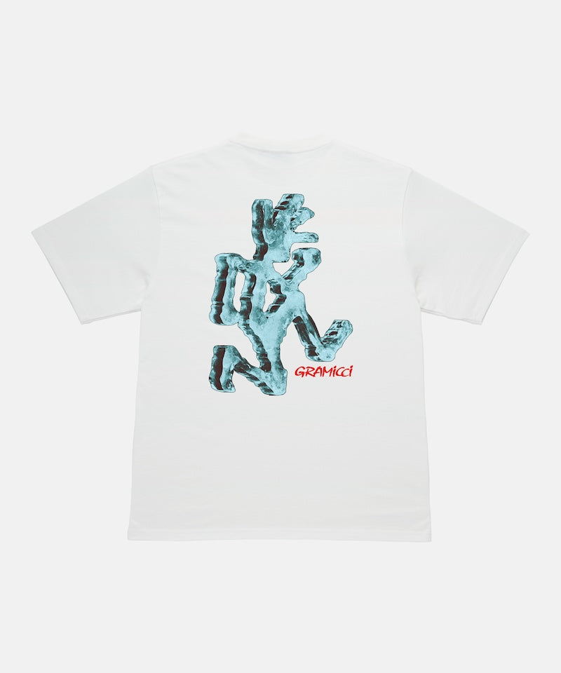 Back view of a Gramicci white Ice Sculpture Tee with a running man graphic against a light-tone background.