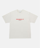 Gramicci natural pigment Footprints Tee Pigment Dyed with red preserve it graphic against a light tone background.