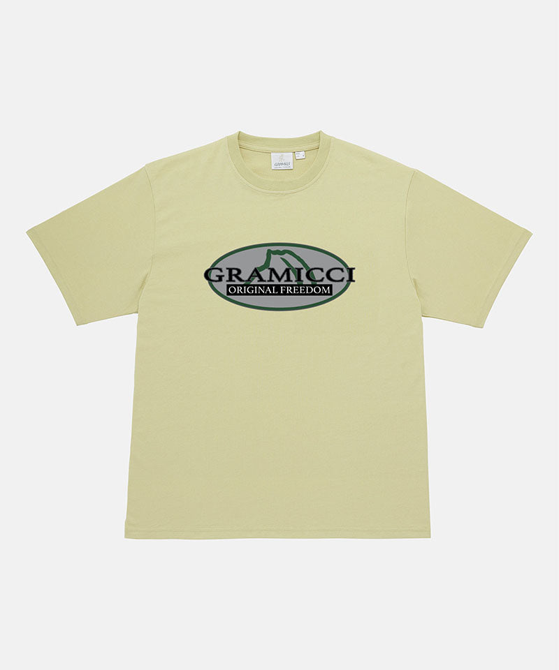 Gramicci foggy lime Gramicci Half Dome Tee with grey graphic against a light-tone background.