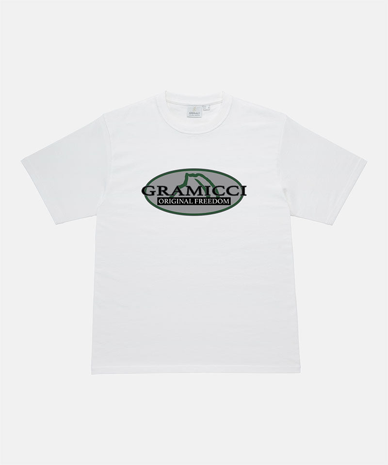 Gramicci white Half Dome Tee with grey and green graphic against a light tone background.
