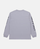 Gray long-sleeve shirt with black text on sleeves against a white background