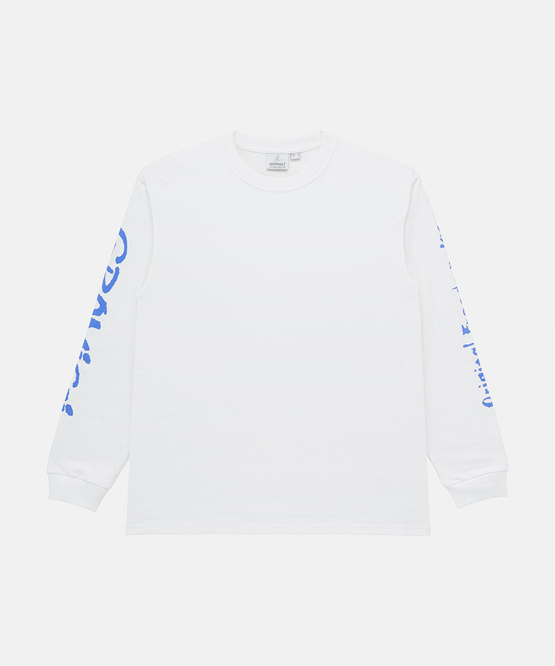 Gramicci white Freedom L/S Tee with blue graphic on the sleeves against a light-tone background.