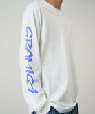 White long-sleeve shirt with blue text on a plain background