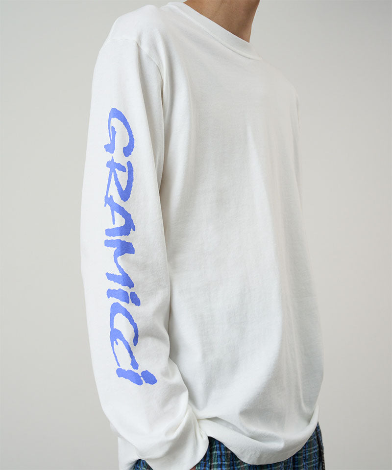 White long-sleeve shirt with blue text on a plain background
