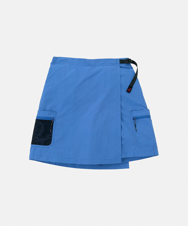 Gramicci Guide Skort in blue with a black belt against a light-tone background.