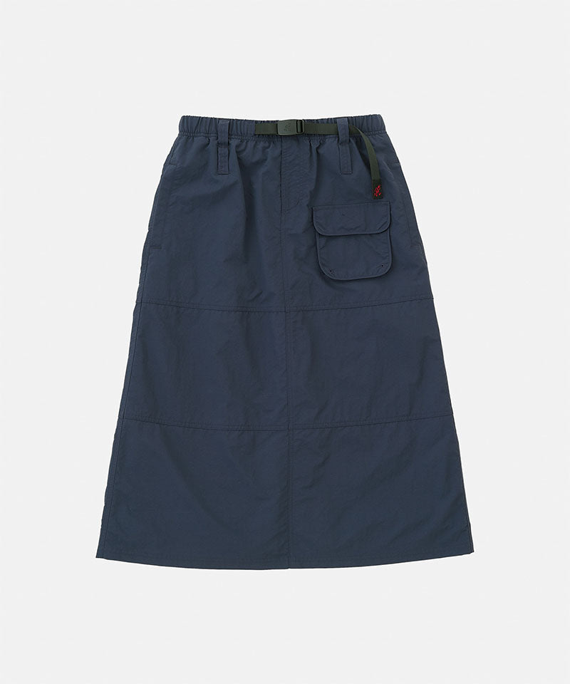 Navy blue skirt with a pocket on a light gray background
