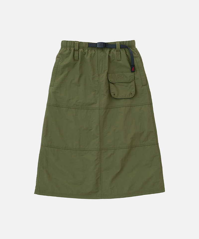 Green skirt with multiple pockets on a white background