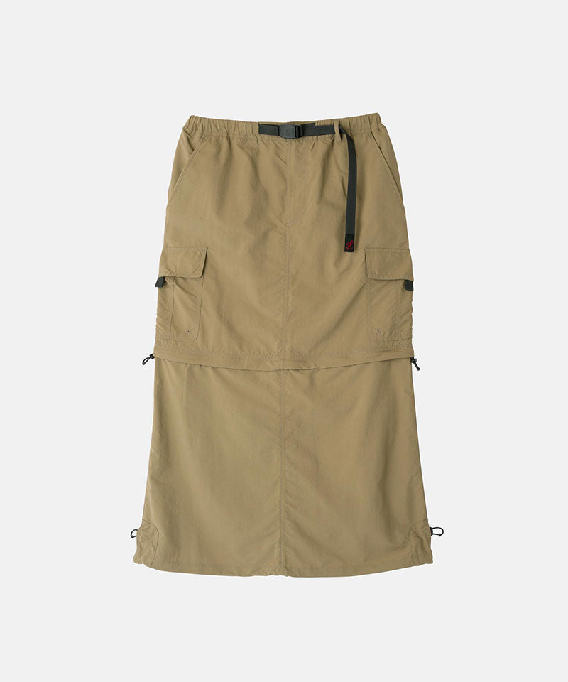 Gramicci Convertible Cargo Skirt in the color khaki on a light-tone background.