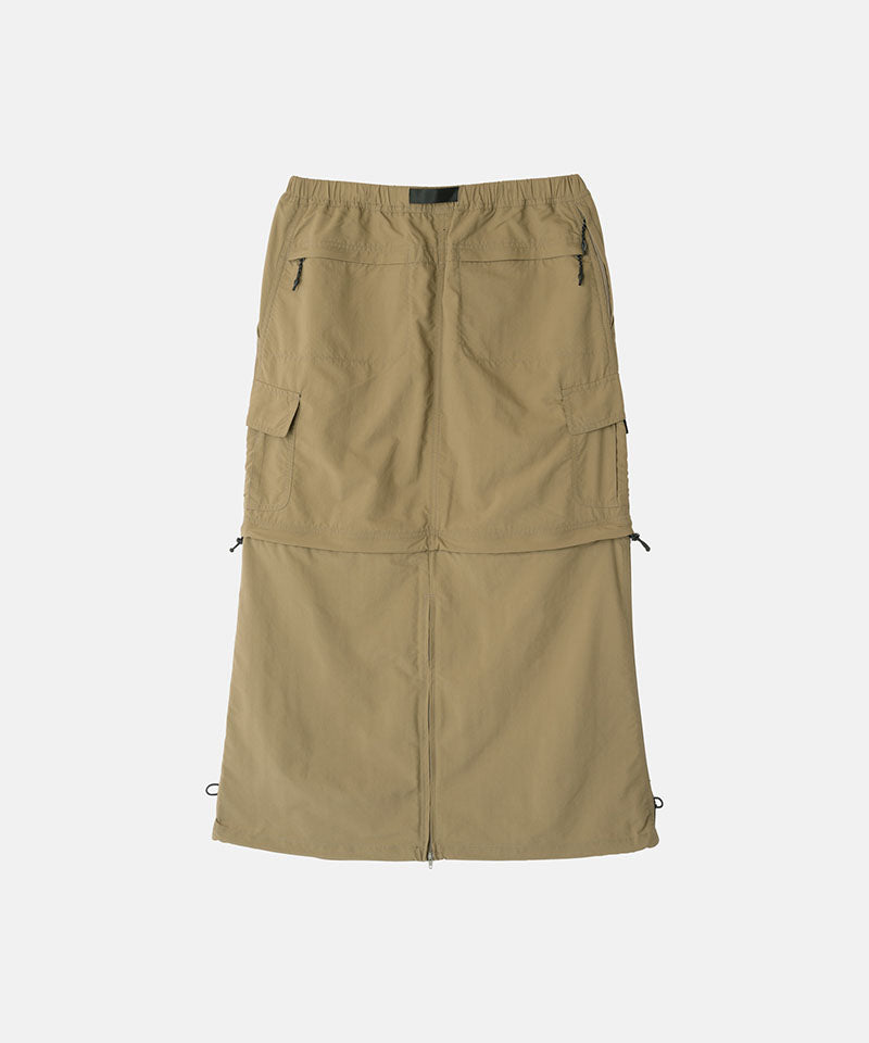 Back view of a Gramicci Convertible Cargo Skirt in the color khaki on a light-tone background.