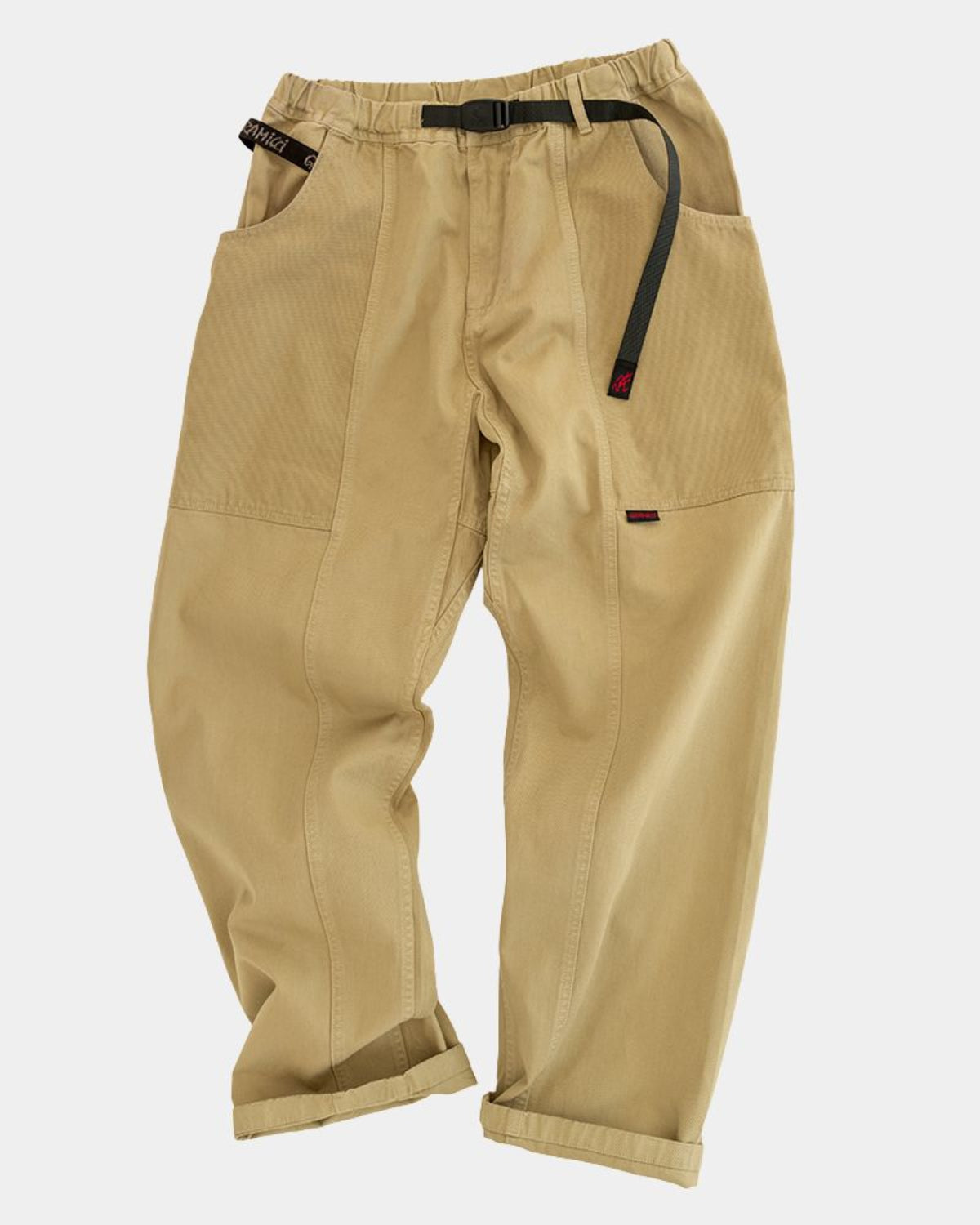 Beige Gadget pants with a signature gramicci belt on a white background