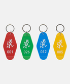 Four colorful Gramicci Hotel Keychains with numbers and Gramicci logo on a white background.