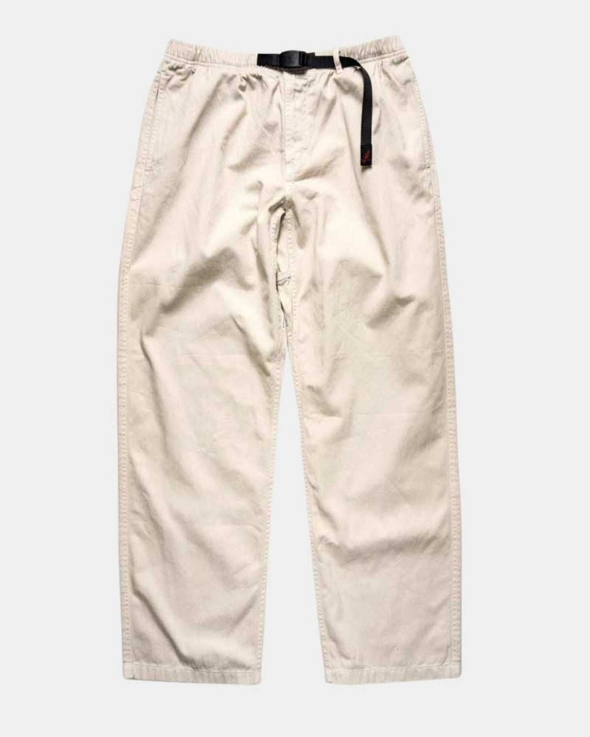 Beige Gramicci Pant Straight Fit pants with a signature black Gramicci belt on a white background