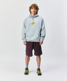 Model wearing a light gray hoodie with a turtle logo, maroon shorts, amethyst Hemp Blend Socks, and green shoes on a white background.